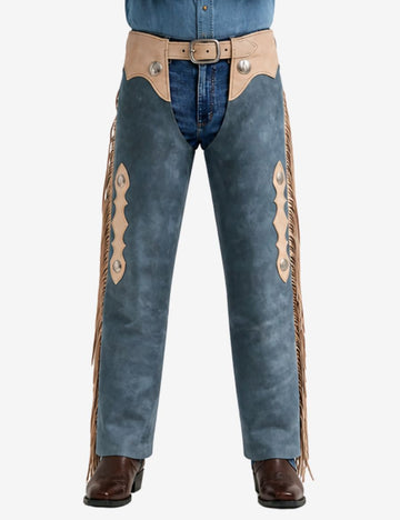 Close-up front view of vintage blue suede cowboy chaps with fringe and silver concho accents.