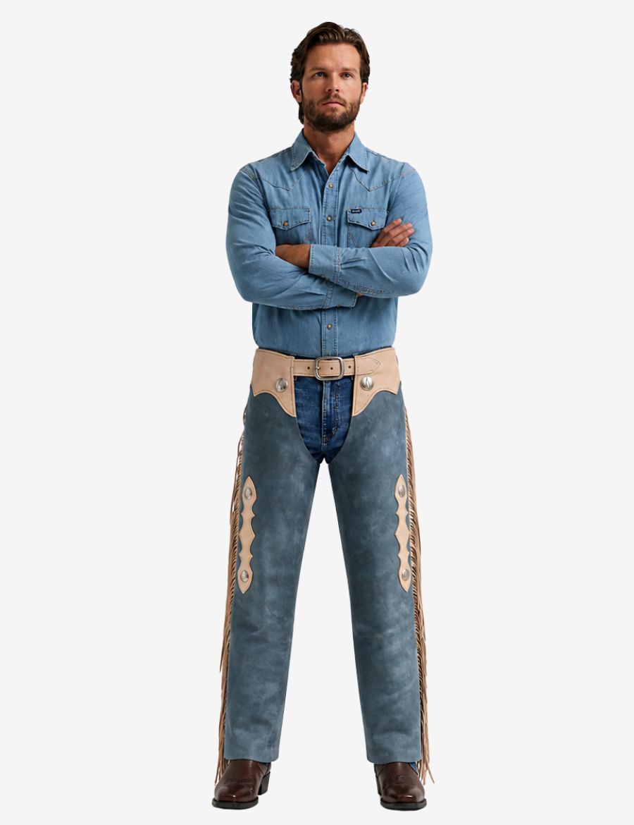 Male model wearing vintage blue suede fringe cowboy chaps with beige western leather detailing.