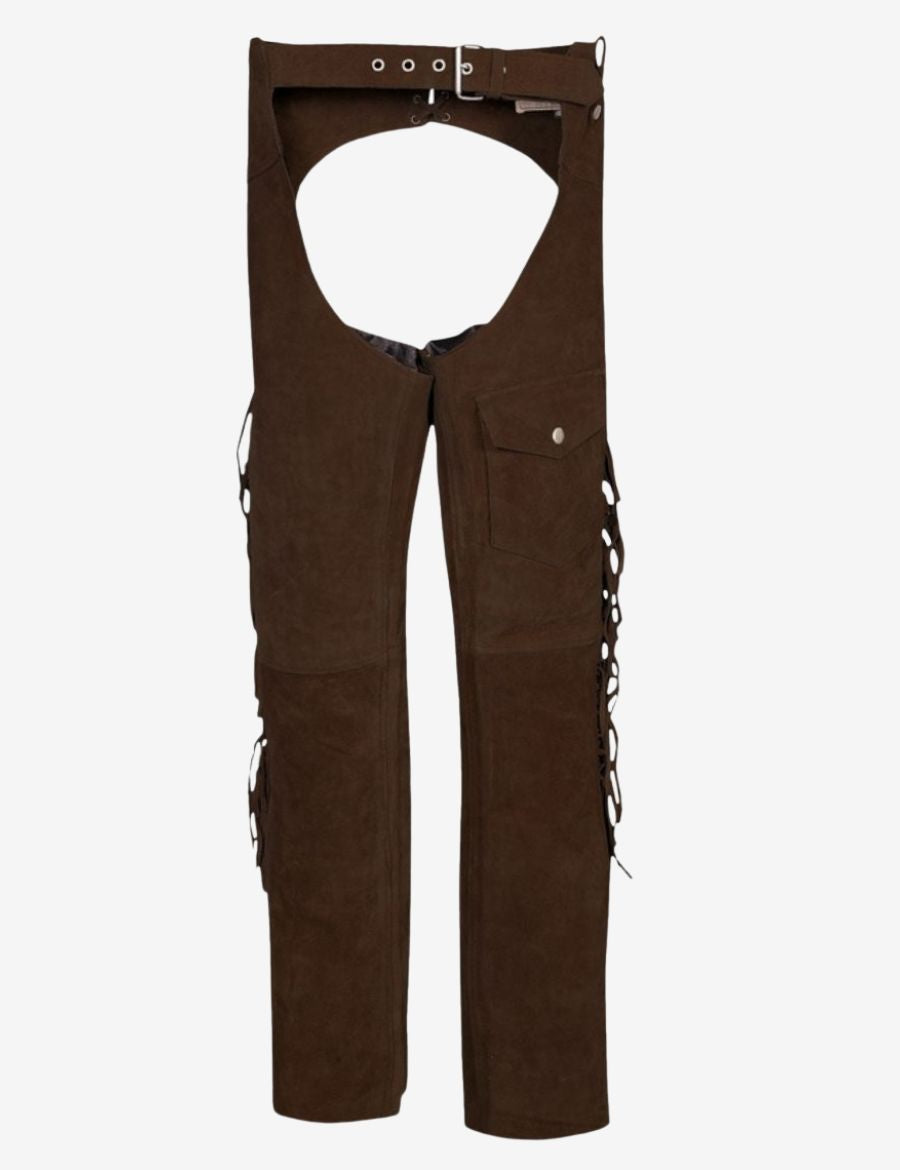 Front product view of walnut womens western chaps with side pocket and classic western cowgirl styling.