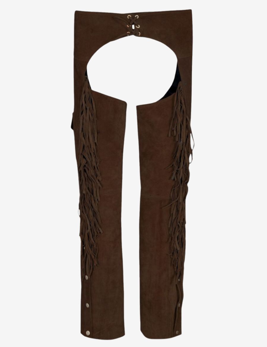 Back view of walnut womens western chaps with flowing fringe and adjustable western waist design.