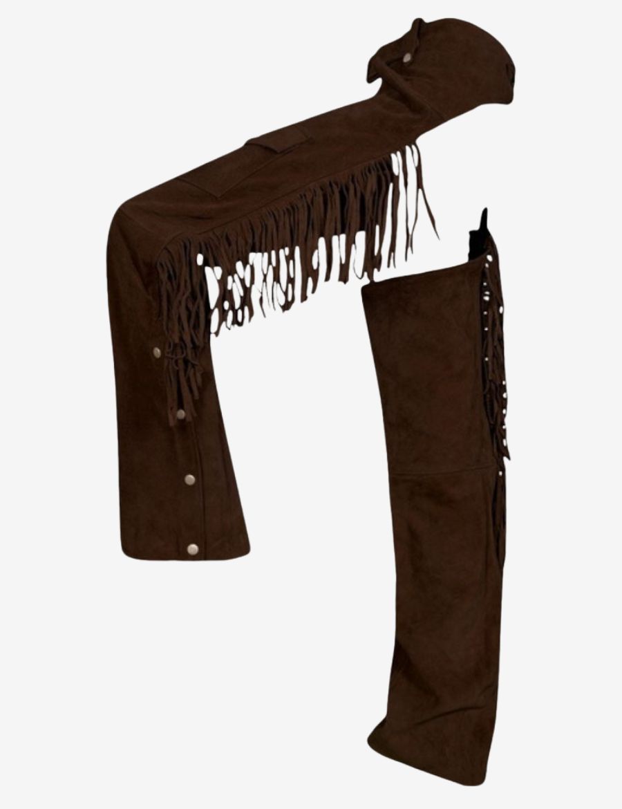 Side profile of walnut womens western chaps featuring long fringe trim and durable suede leather finish.
