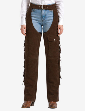 walnut womens western chaps with fringe and utility pocket styled for western riding fashion.