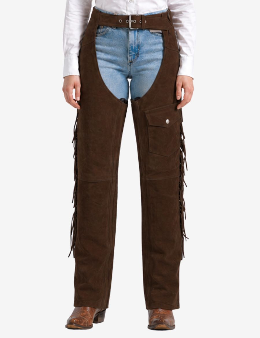 walnut womens western chaps with fringe and utility pocket styled for western riding fashion.