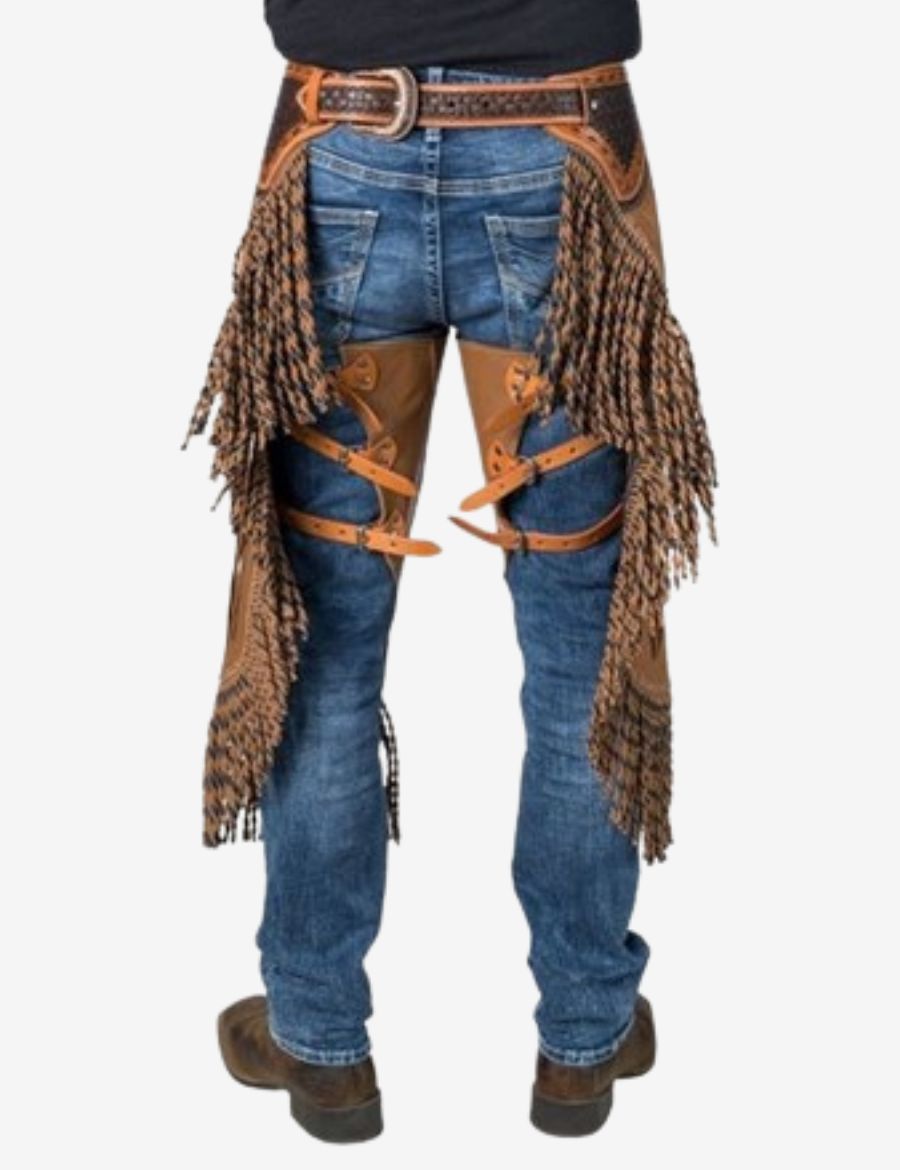 Back view of western braided leather chinks chaps featuring braided fringe, leg straps, and handcrafted ranch styling.