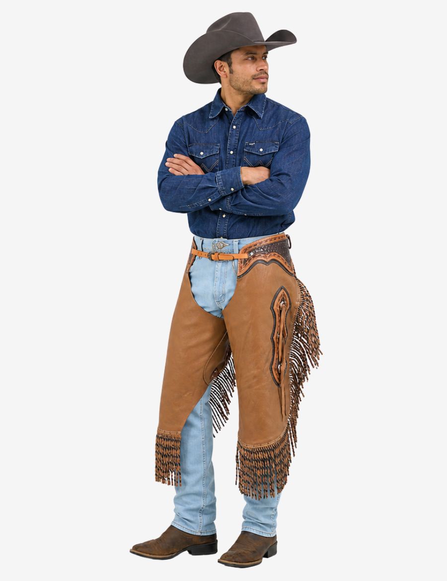 Front model view of western braided leather chinks chaps with braided fringe, tooling details, and cowboy styling.