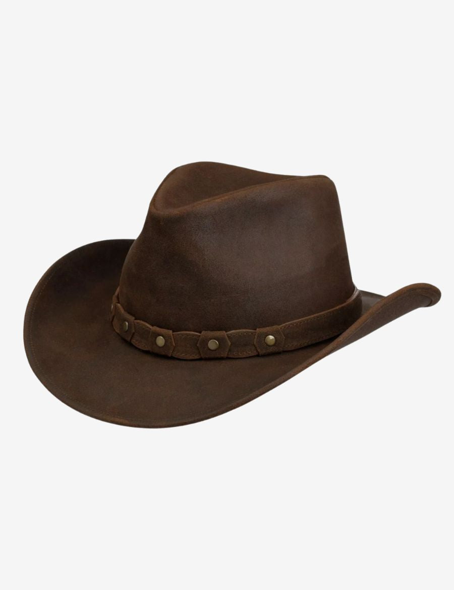 Angled view of western brown suede leather cowboy hat featuring a rugged distressed finish, curved brim, and riveted leather hatband.