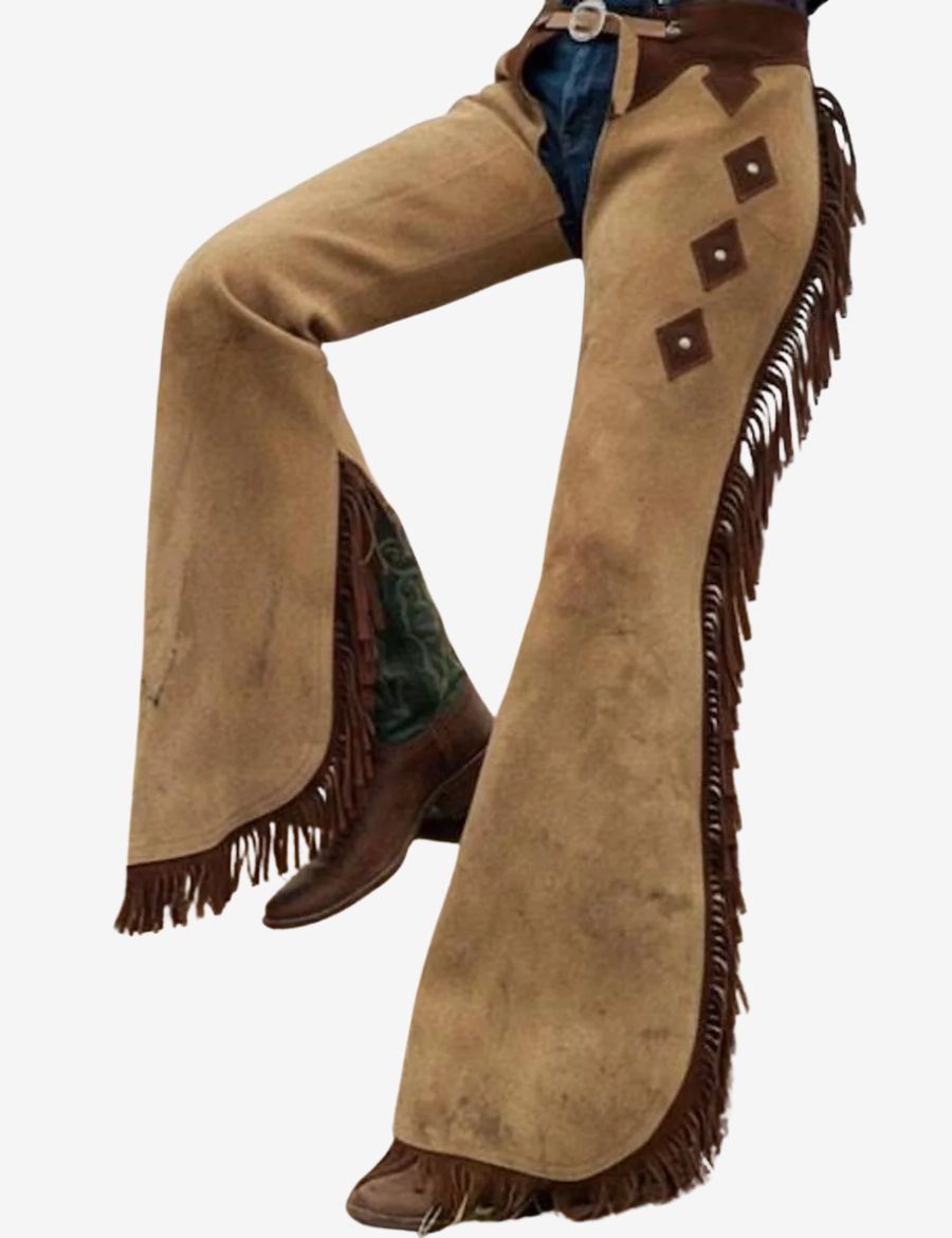 Side view of western buckskin cowgirl chaps featuring brown leather fringe and rustic suede styling.