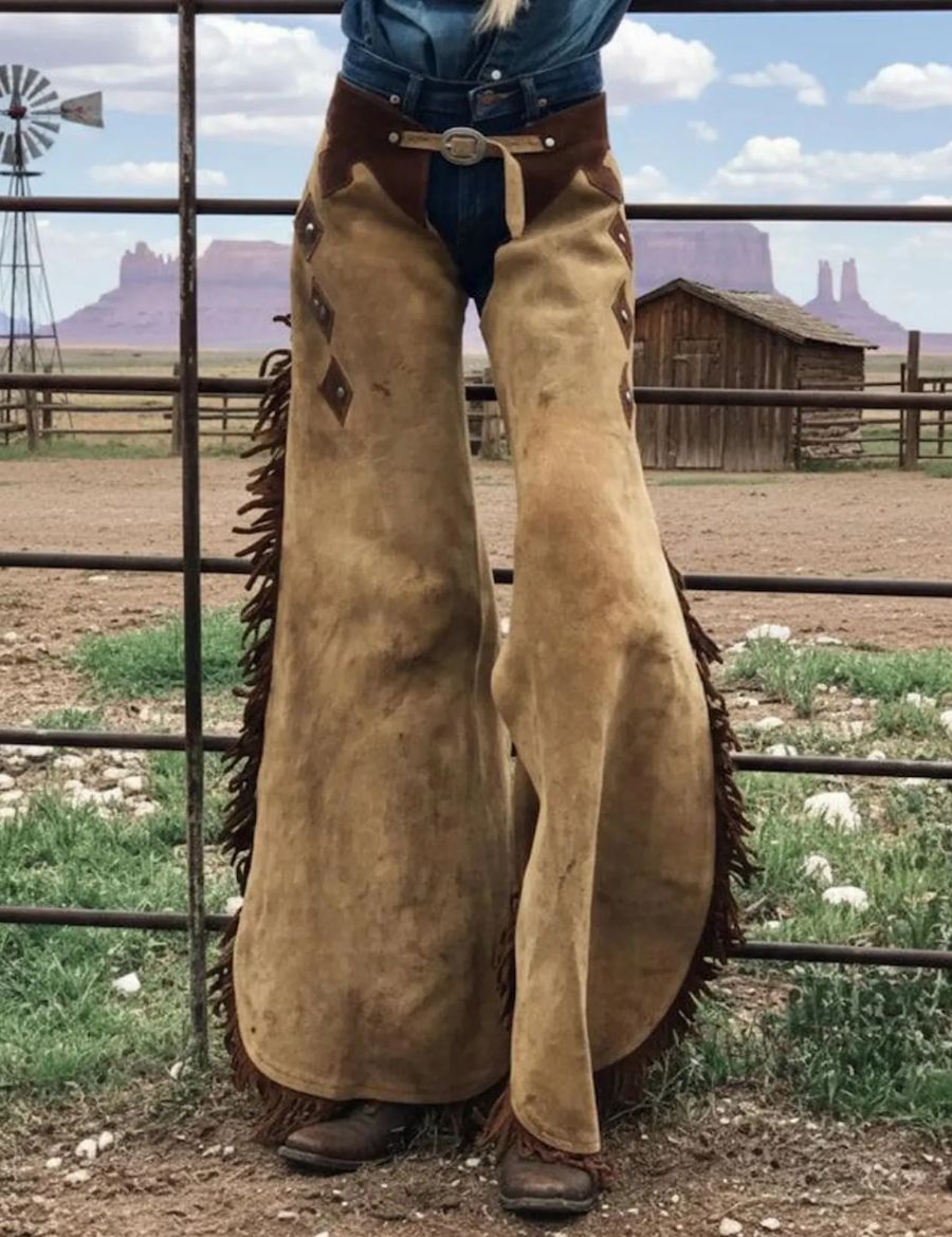 western buckskin cowgirl chaps with suede leather finish and side fringe detailing.