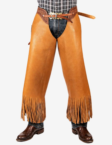 Shop western cognac cowhide chinks chaps with premium grain leather, long fringe, and authentic cowboy ranch styling.