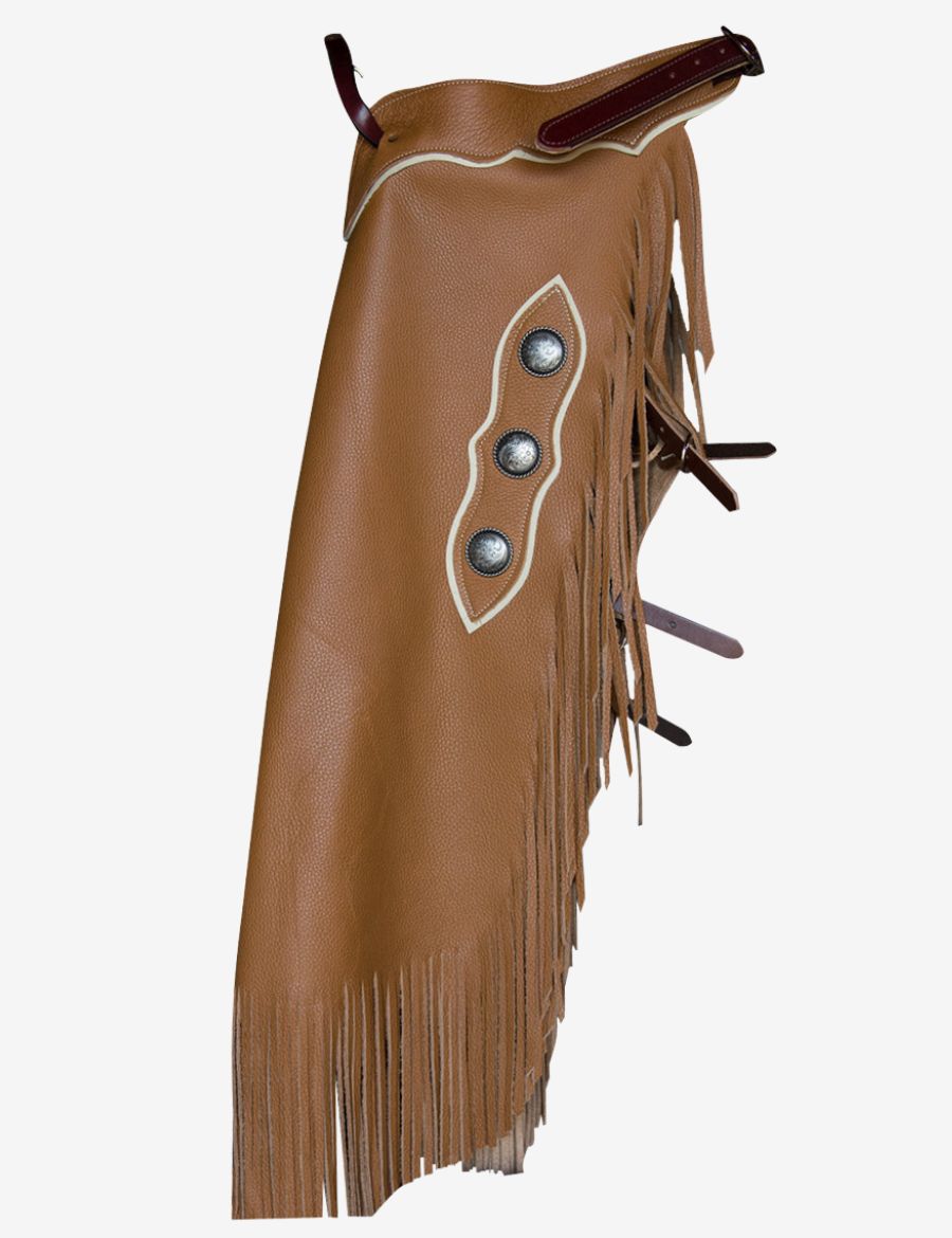 Angled front view of western concho leather chinks chaps featuring silver conchos, fringe trim, and rugged ranch styling.
