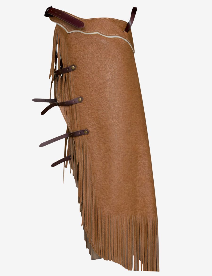 Side view of western concho leather chinks chaps with brown fringe, adjustable straps, and textured cowboy leather.
