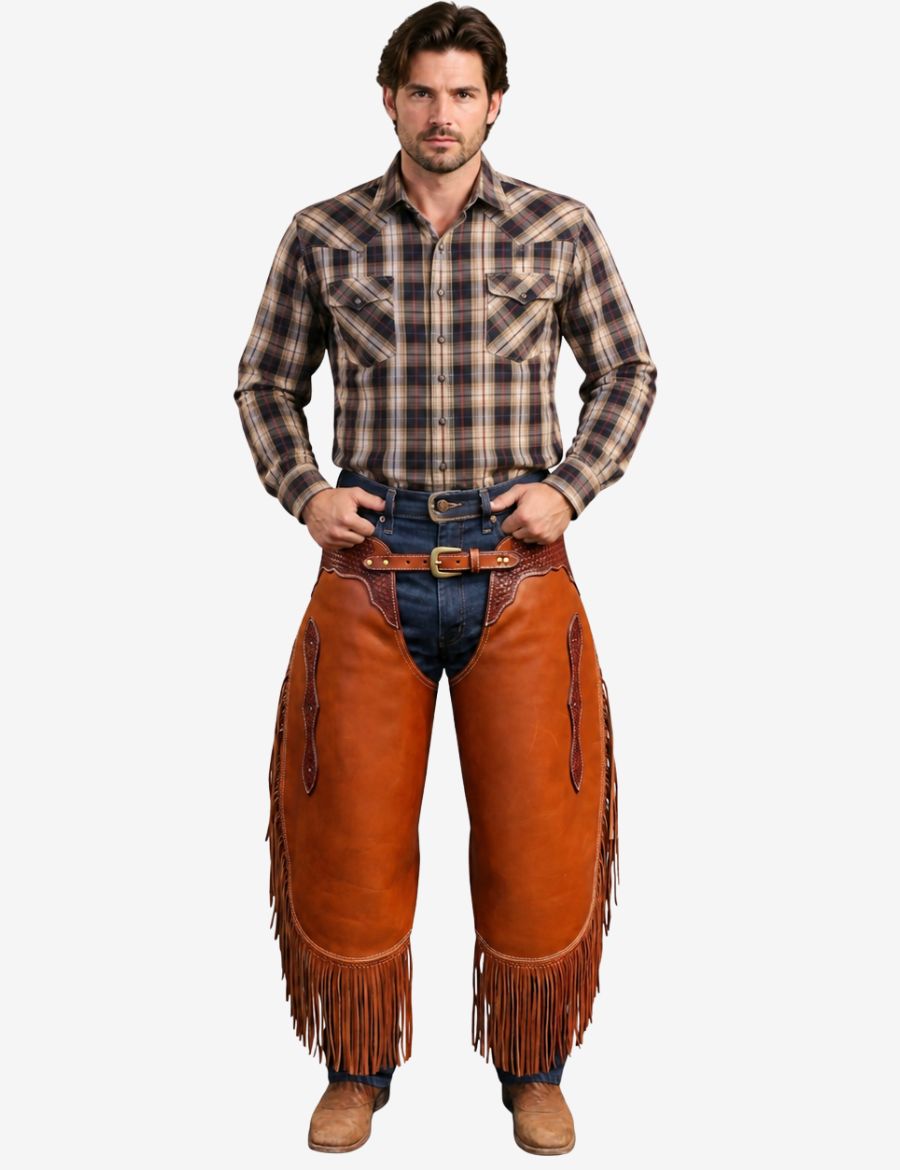 Cowboy wearing western heritage trim chinks chaps in premium brown leather with traditional western fringe and authentic ranch-ready design.