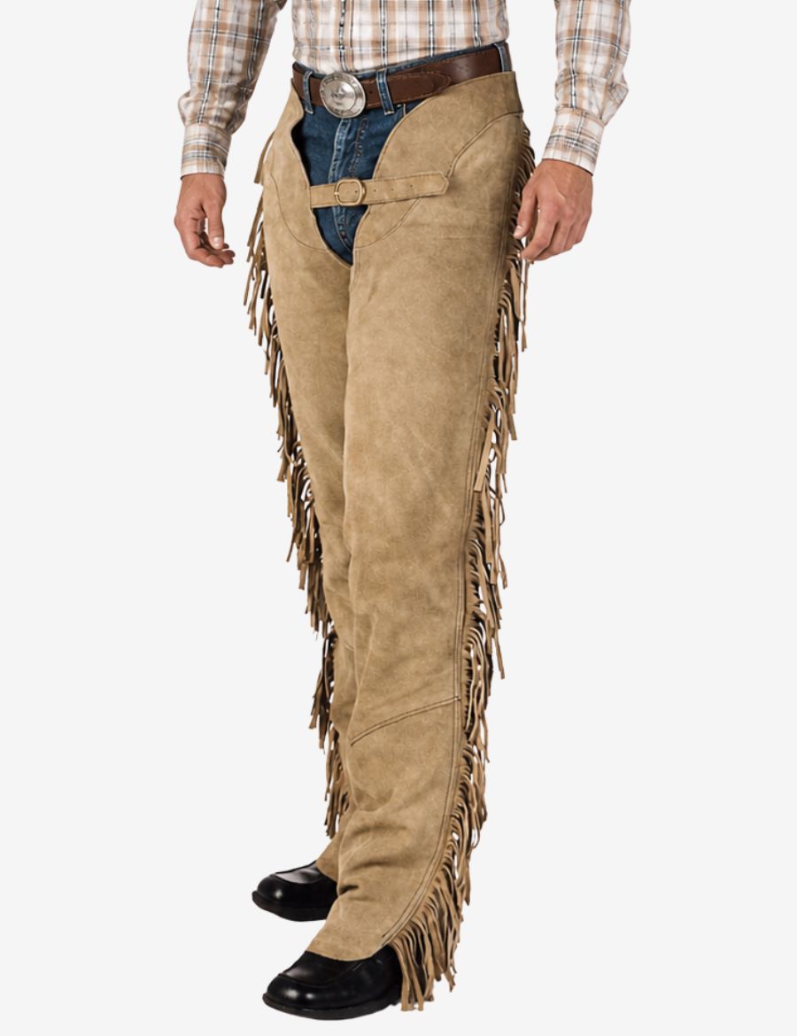 Front angled view of western tan suede mens fringe chaps with long side fringe and cowboy riding style.