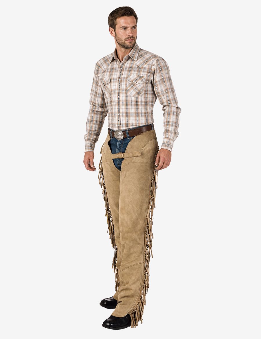 Mens western tan suede fringe chaps featuring classic cowboy design with long leather tassels and adjustable fit.