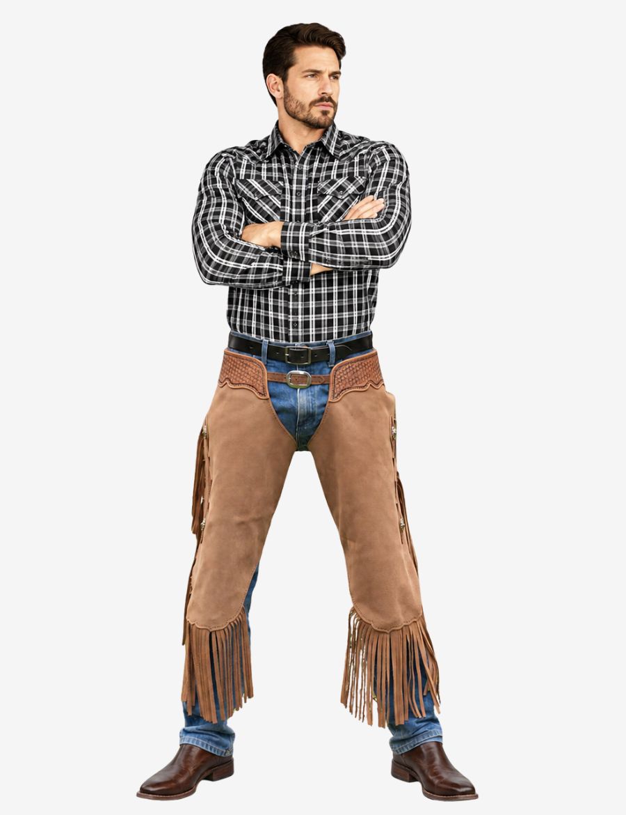 Cowboy wearing western taupe suede chinks chaps with fringe detailing, basketweave tooling, and authentic ranch style front model view.