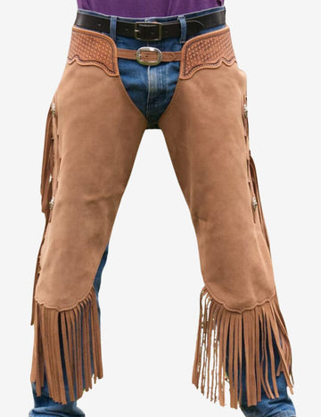 western taupe suede chinks chaps with soft suede leather, long fringe, and authentic cowboy riding style.