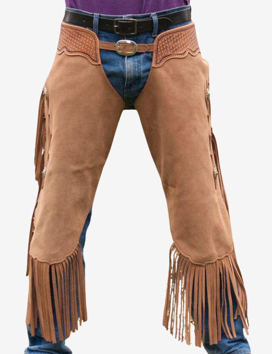 western taupe suede chinks chaps with soft suede leather, long fringe, and authentic cowboy riding style.
