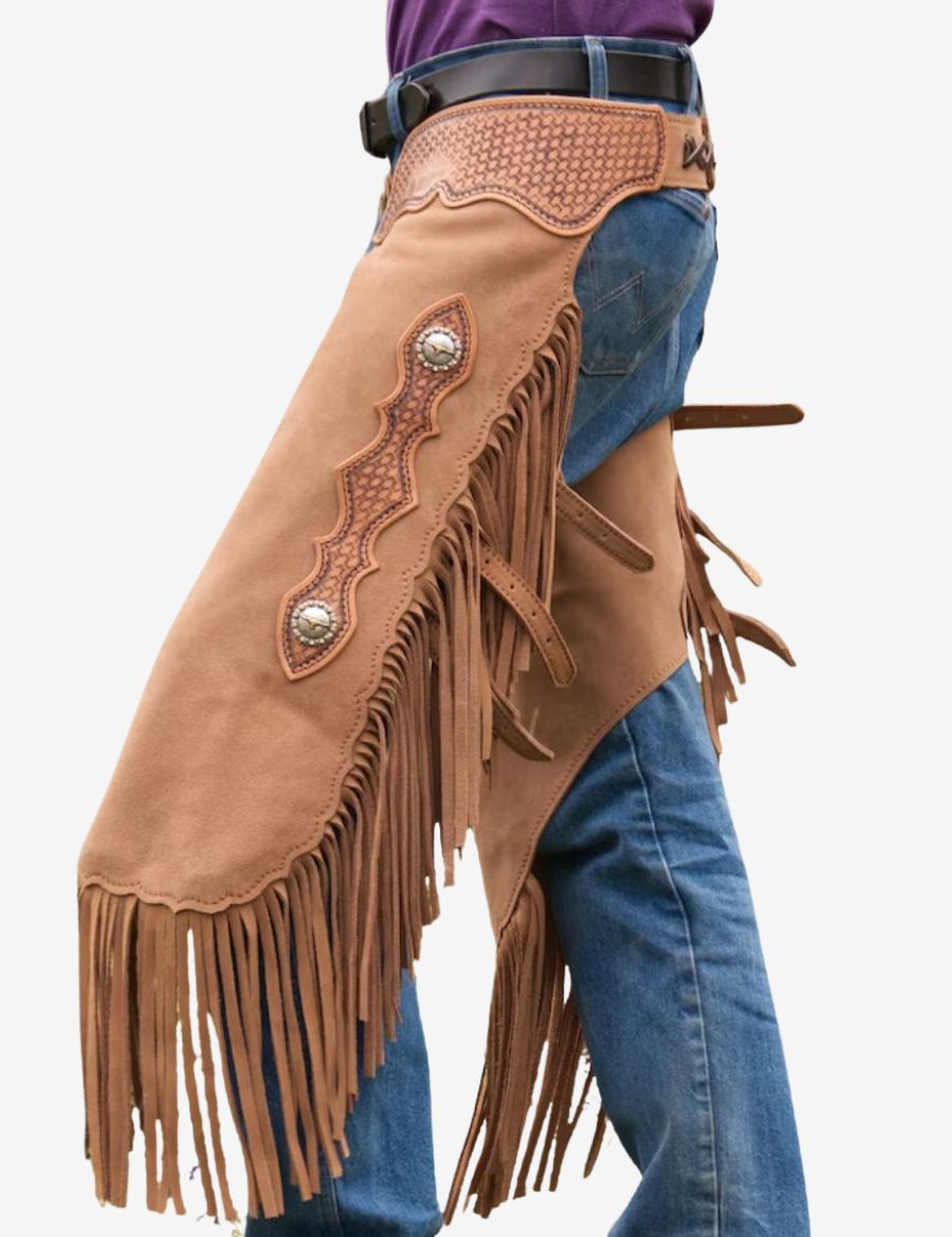 Western taupe suede chinks chaps with adjustable leg straps, premium suede finish, and rugged ranch-ready construction.