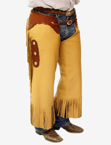 Front angled view of western tooled leather chinks chaps with tan leather, fringe trim, and basketweave tooling.