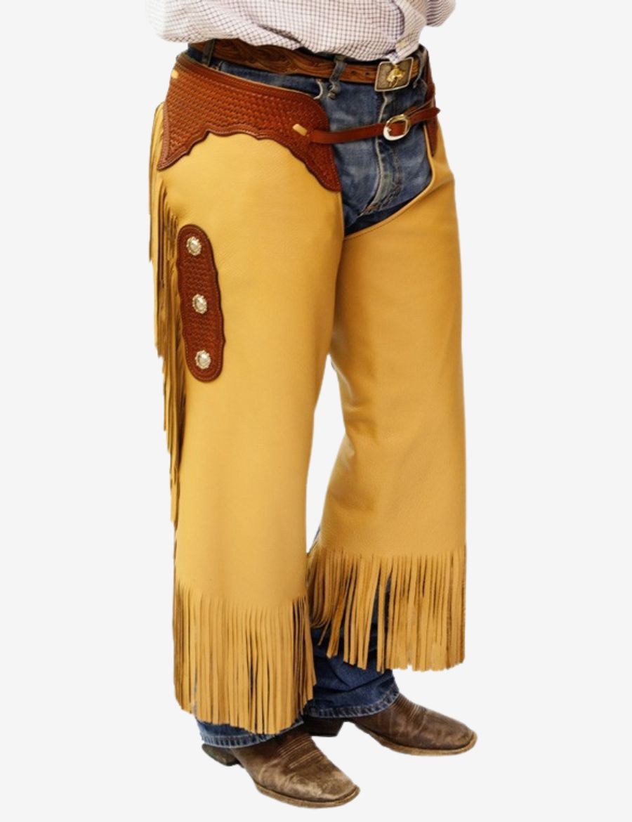 Front angled view of western tooled leather chinks chaps with tan leather, fringe trim, and basketweave tooling.