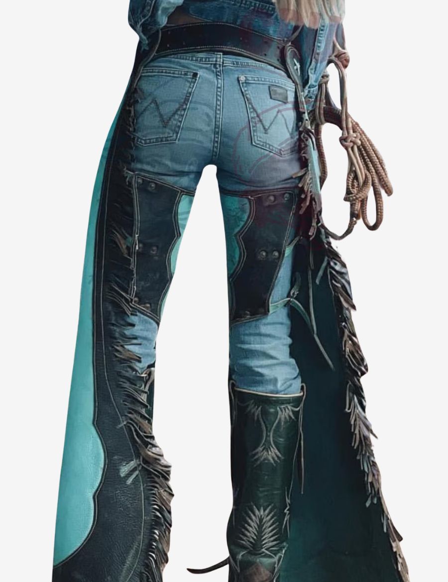 Back view of turquoise cowgirl chaps with black leather fringe and western contrast panel styling.