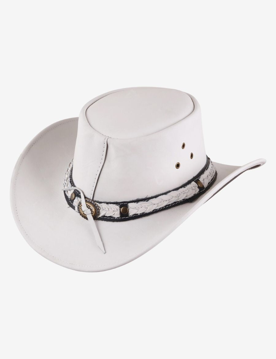 side view of white braided leather cowboy hat featuring decorative braided band, curved brim, and authentic cowboy styling.
