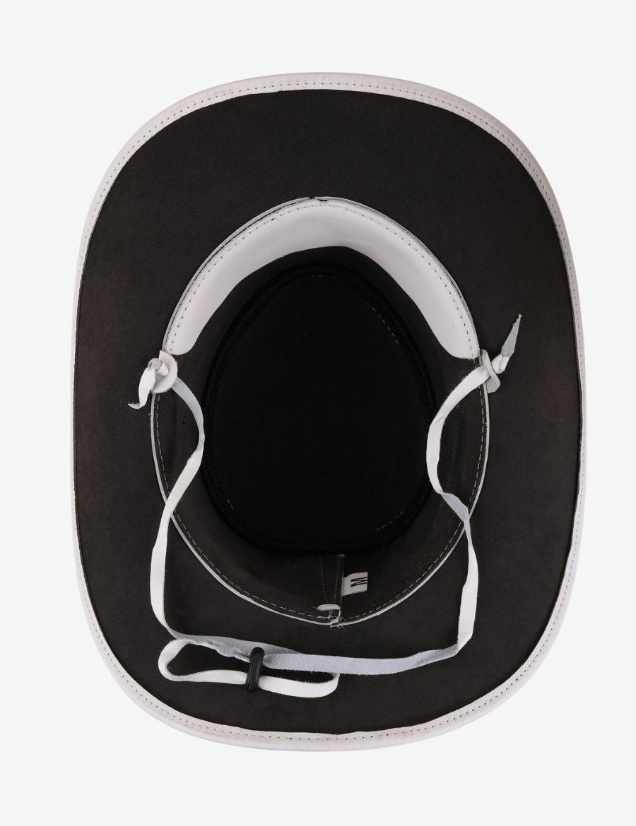 Interior bottom view of white braided leather cowboy hat featuring adjustable chin strap, structured crown, and wide brim.