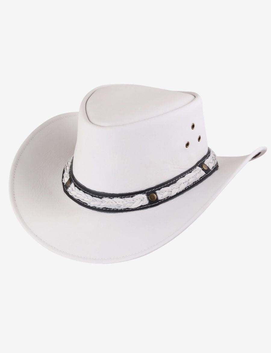 Top angle view of white braided leather cowboy hat with braided hatband, metal stud accents, and classic western silhouette.
