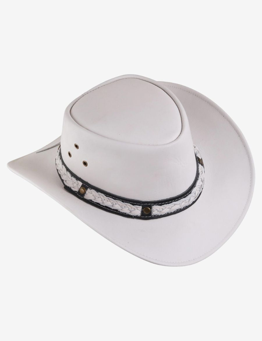 White braided leather cowboy hat with curved brim, vented crown, contrasting black hatband, and western-inspired detailing.