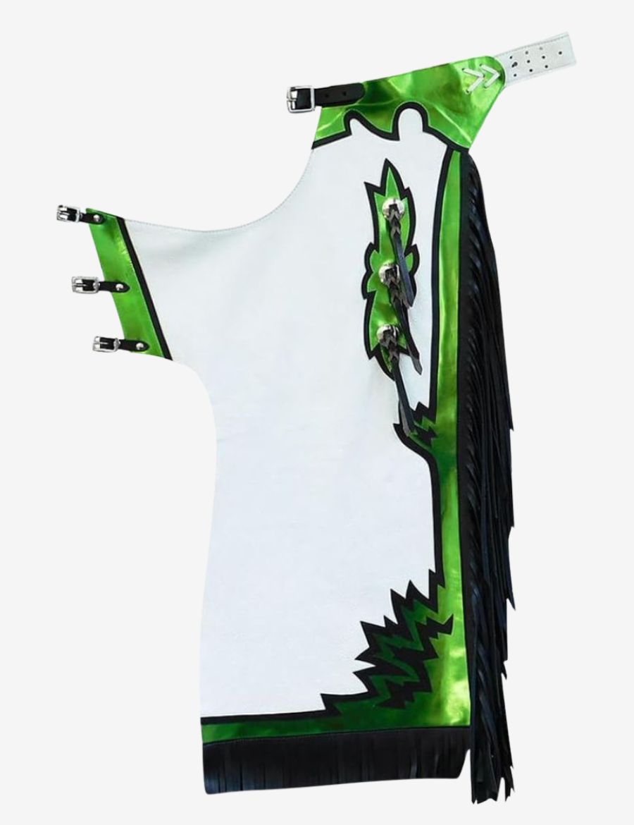 White rodeo chaps with metallic green trim, black fringe, and western rodeo styling in genuine leather.