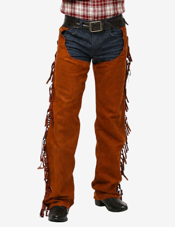 Close-up front view of brown suede cowboy chaps featuring fringe and classic western styling.