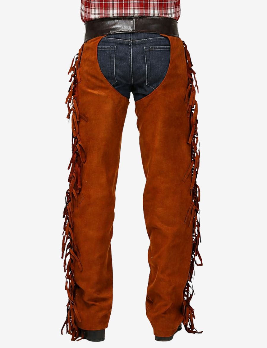 Back view of wild west brown suede cowboy chaps with long fringe accents and western design.