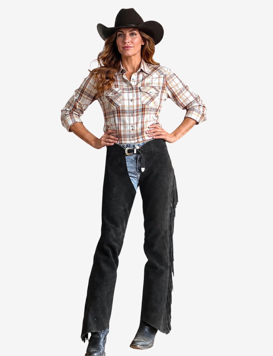 women black western chaps with long leather fringe and classic cowgirl riding styling.