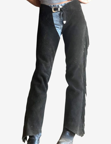 women black western chaps with long leather fringe and classic cowgirl riding styling.