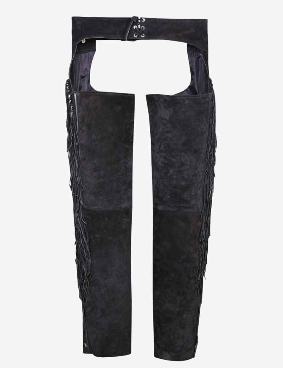 Back view of women western fringe chaps with pocket featuring adjustable waist and flowing fringe details.