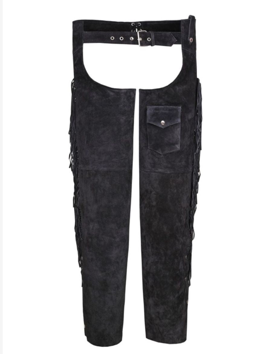 Front product view of women western fringe chaps with pocket highlighting practical storage and western design.