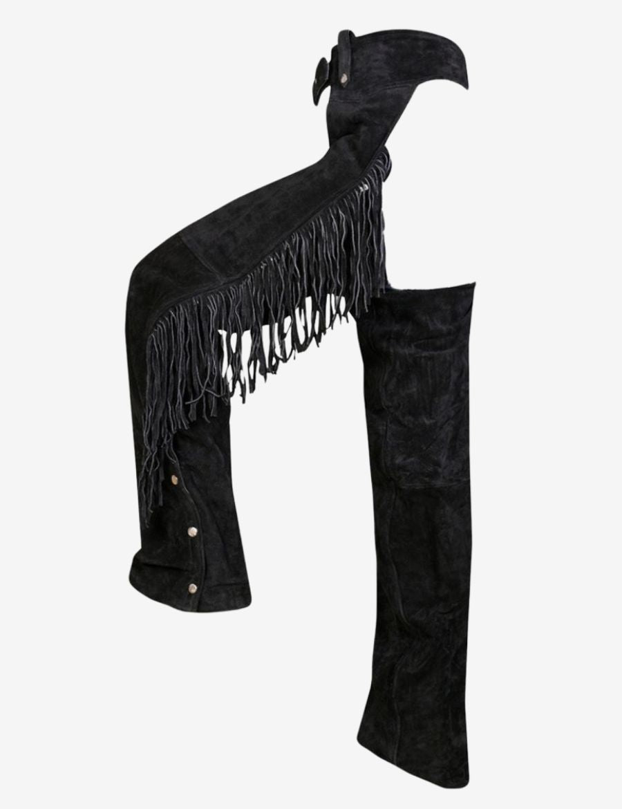 Side profile of women western fringe chaps with pocket showing long fringe trim and durable leather construction.