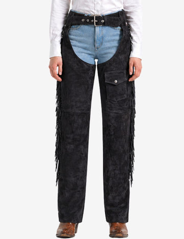 women western fringe chaps with pocket featuring black suede leather and classic cowgirl styling.