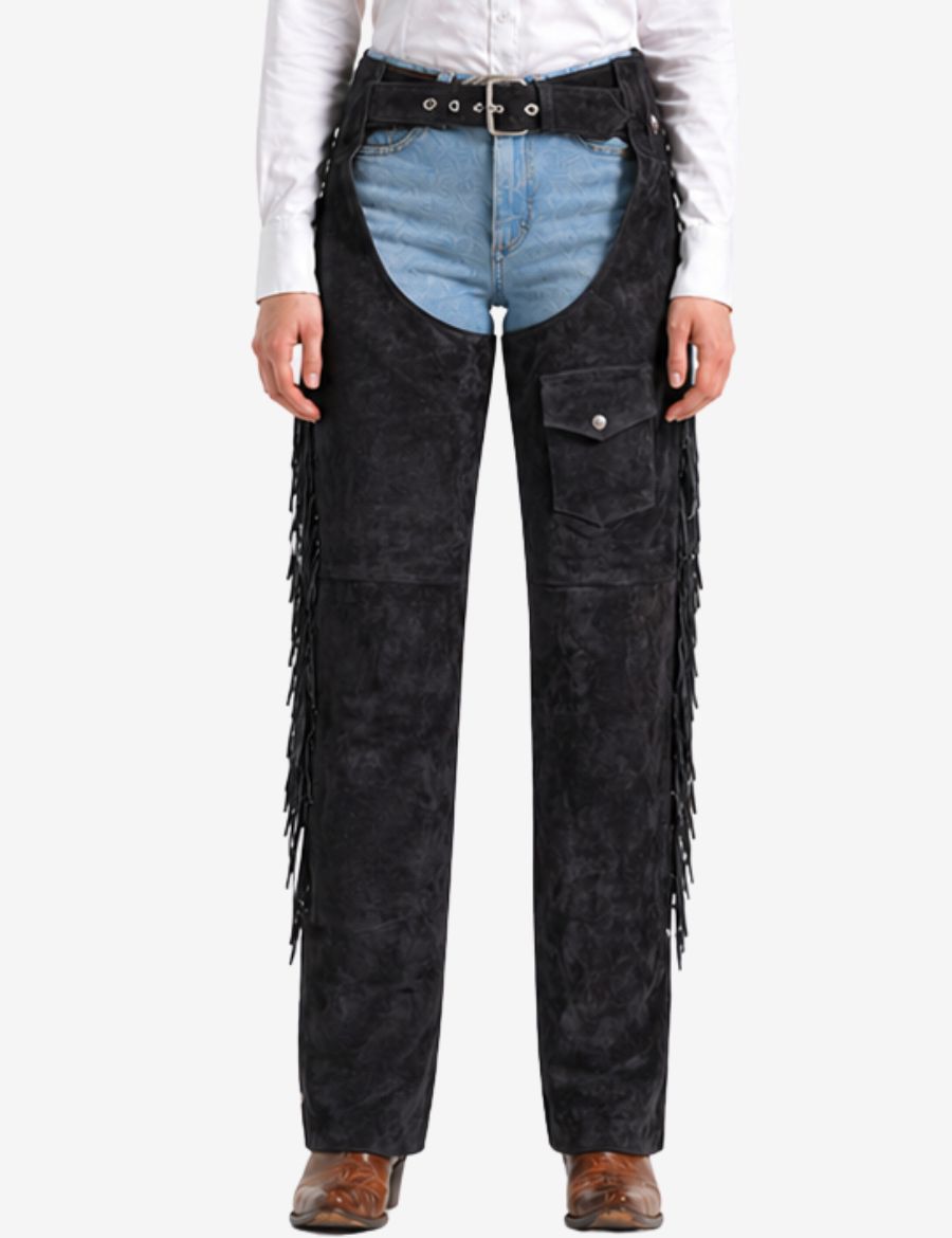 women western fringe chaps with pocket featuring black suede leather and classic cowgirl styling.