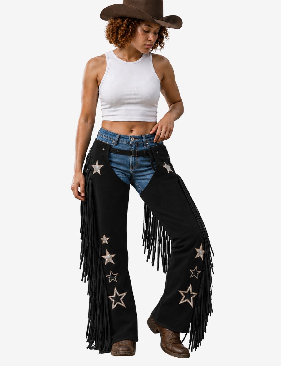 womens black western chaps featuring metallic star embroidery and flowing side fringe details.
