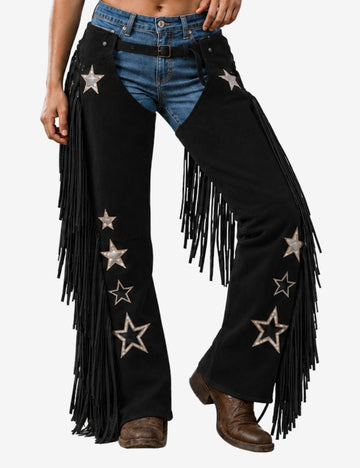 womens black western chaps featuring metallic star embroidery and flowing side fringe details.