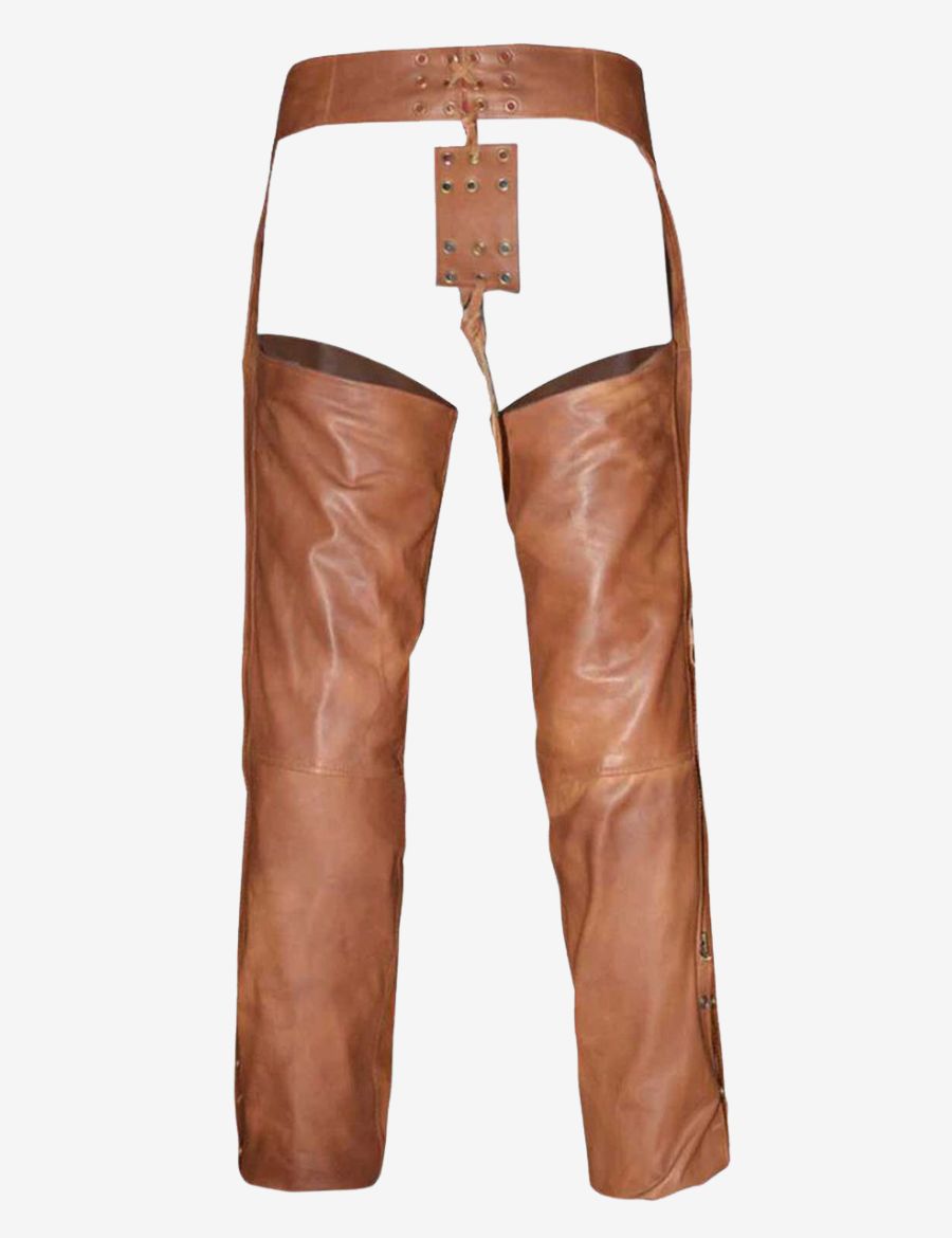 Back view of womens brown leather assless chaps featuring an open-seat design, rear lace-up waist adjustment, and durable leather leg panels for riding protection.