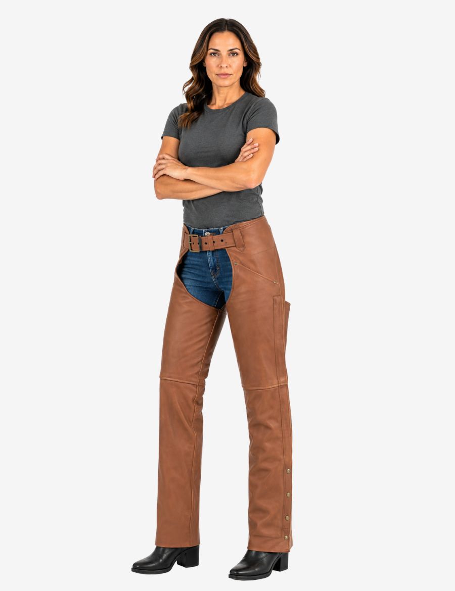 Female model wearing womens brown leather assless chaps featuring a rich brown finish, adjustable waist belt, utility pocket, and motorcycle riding design.