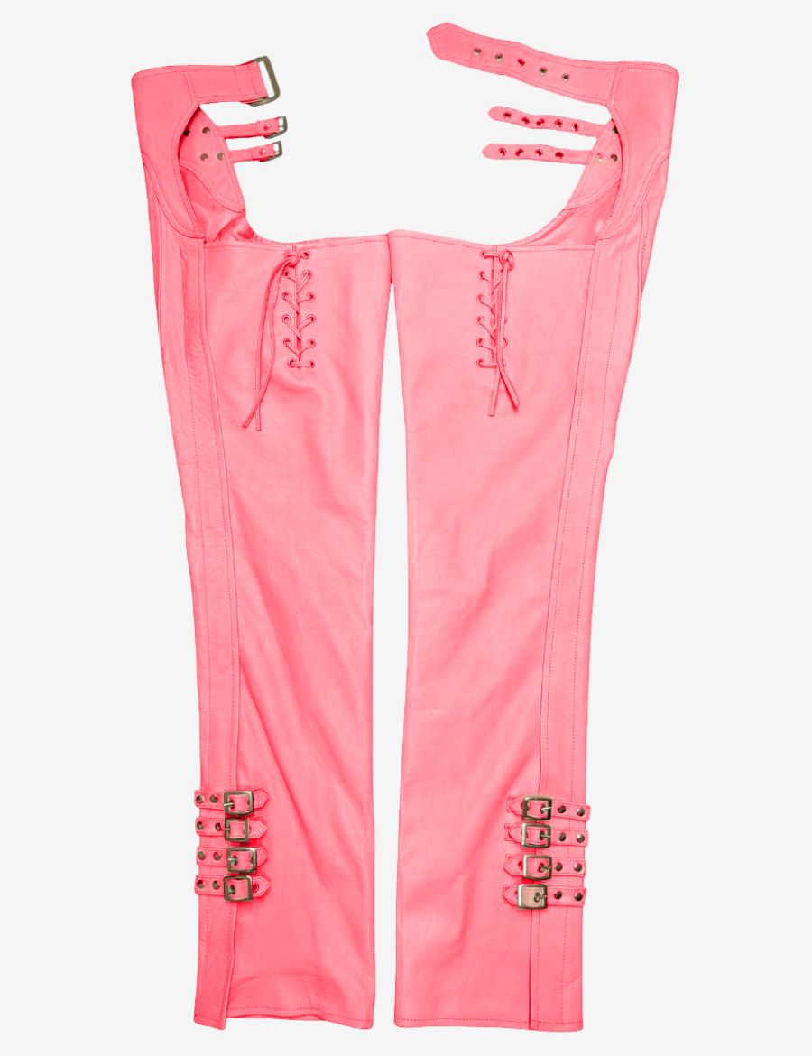 Back view of womens buckled pink assless chaps showcasing an open-seat design, rear lace-up detailing, and decorative buckle accents near the lower legs.