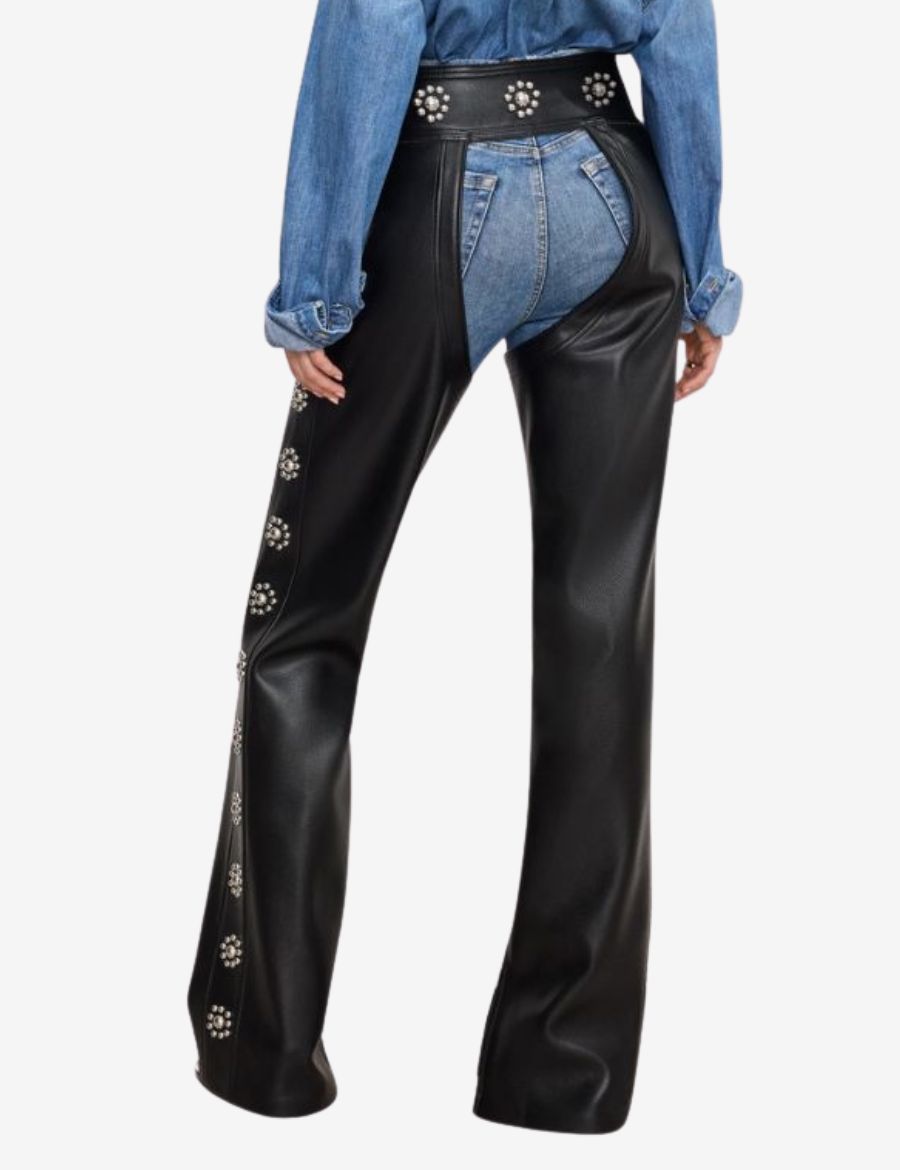 Back view of womens floral concho assless chaps in a stylish western style featuring an open-seat design, floral concho embellishments, premium black leather, and a tailored fit.