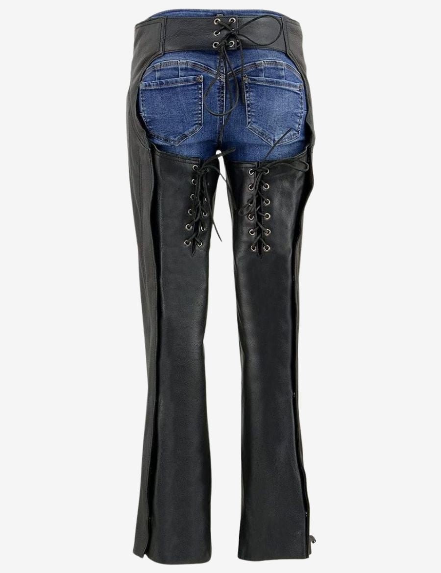 Back view of womens biker chaps showing lace-up rear adjustment, embroidered floral detailing, and full-length black leather leg protection designed for motorcycle riding.