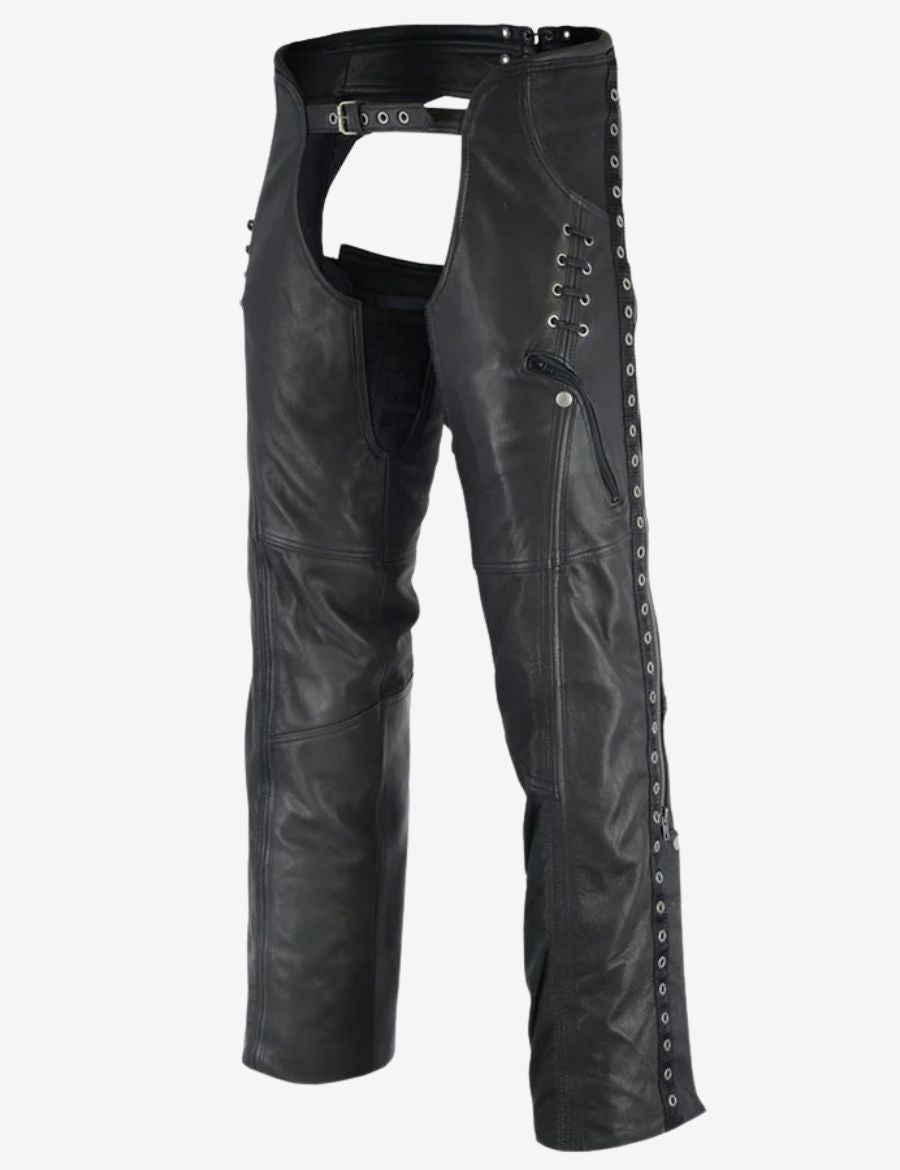 Angled view of Women's Freedom Eyelet Trim leather chaps highlighting eyelet trim, side lacing, and zippered pocket.
