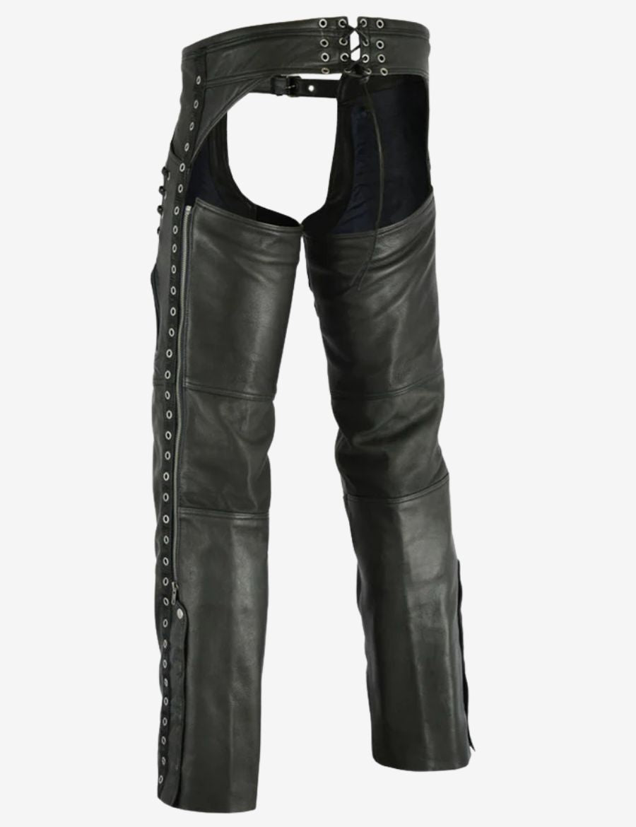 Rear angled view of Women's Freedom Eyelet Trim leather chaps showcasing lace-up back adjustment and full leg coverage.
