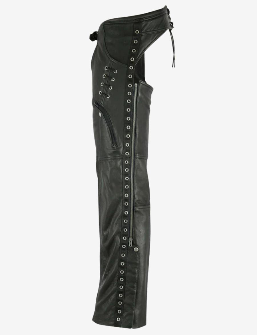 Side view of Women's Freedom Eyelet Trim leather chaps featuring eyelet-trimmed leg zipper, side lacing, and riding fit.