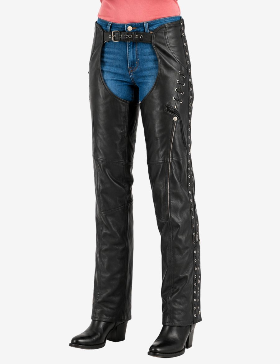 Women's Freedom Eyelet Trim leather chaps featuring eyelet detailing, side lacing, and premium motorcycle riding protection.